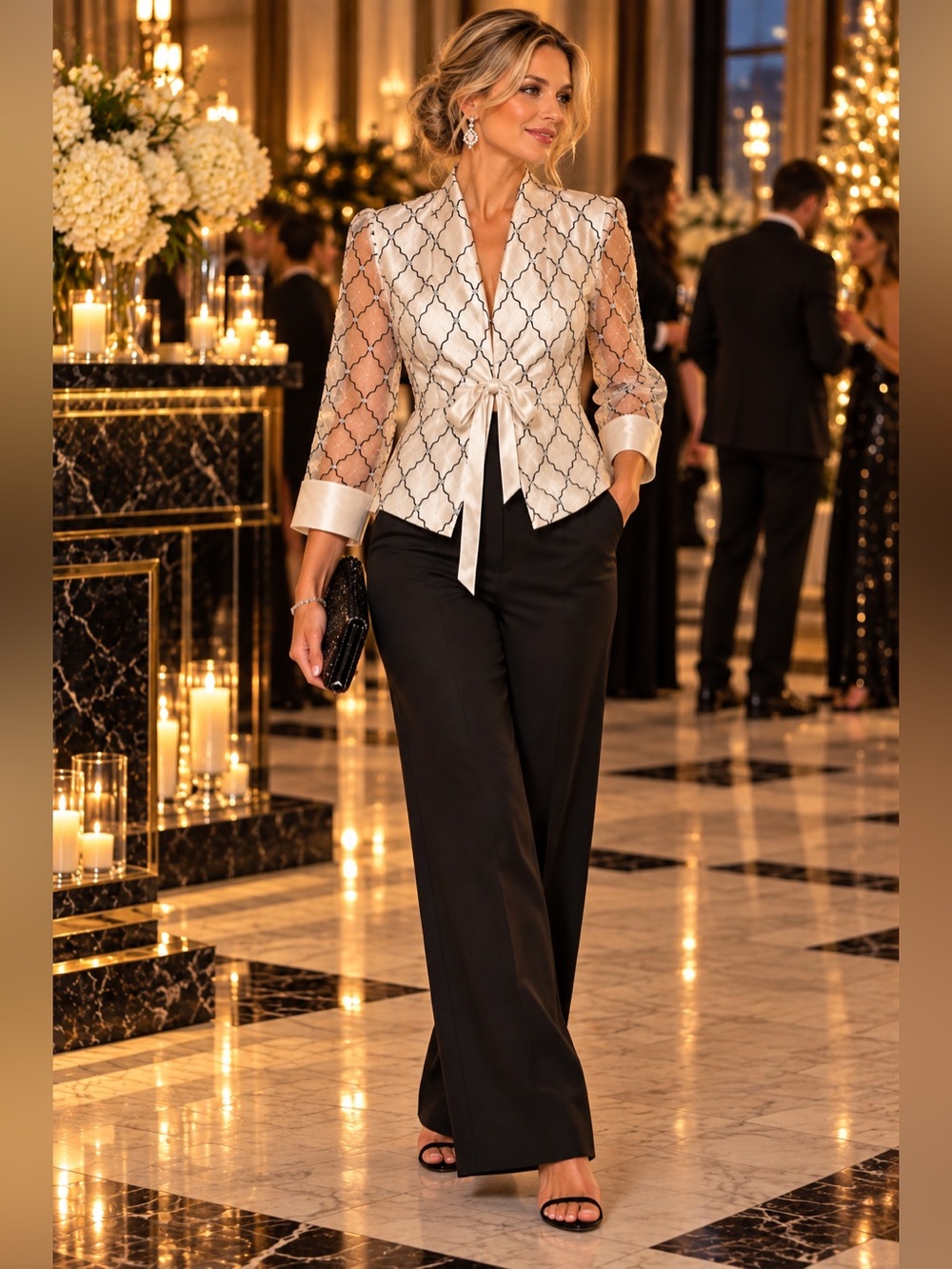 Ivory Lattice-Detail Tie-Front Blazer